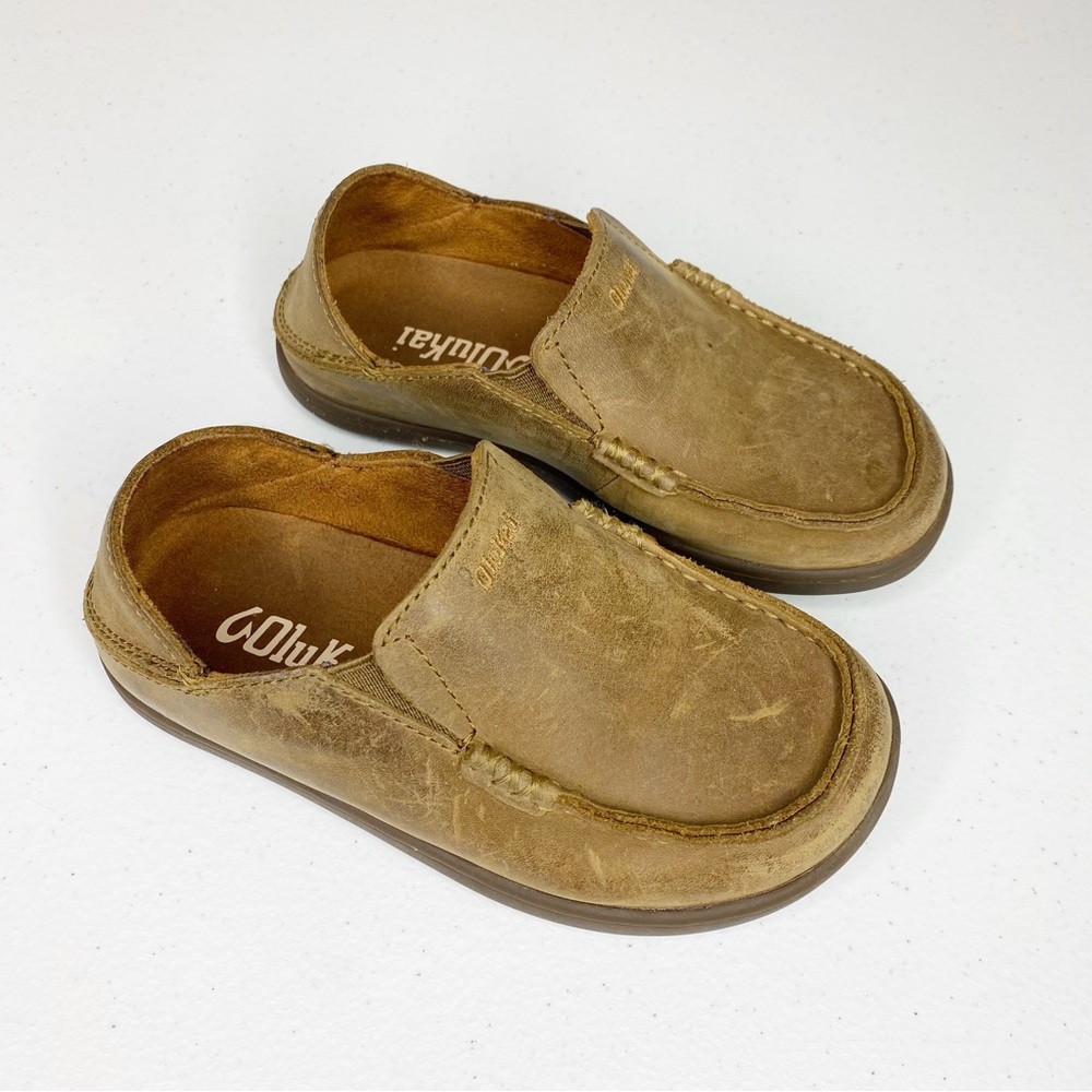 OluKai Molina Nubuck Leather Moc Stitch Detail Loafers Brown Boys Size 11